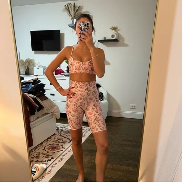 Pink Floral Floral Biker Short Set Free People Crop Top And Bike